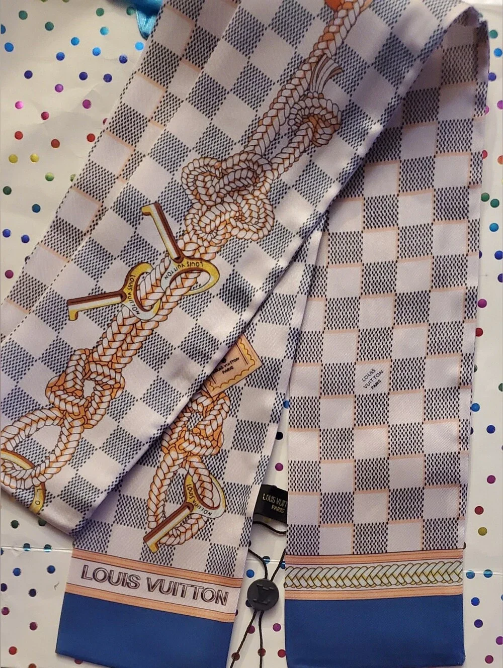 100% Silk Bag Twilly,Scarf, Hairtie;Navy,White and Gold Checker Rope-Print Scarf